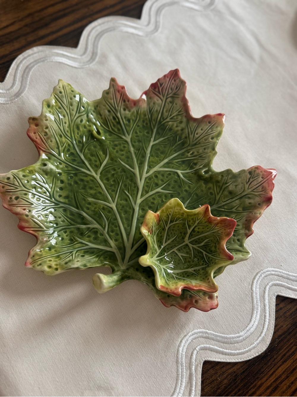 Vintage Jay Willfred ceramic leaf-shaped chip and dip server 11”